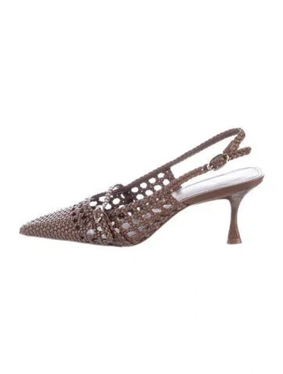 Pre-owned Larroude Leather Tweed Pattern Slingback Flats In Brown