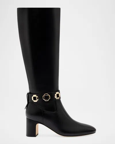 Larroude Milan Leather Ankle-strap Knee Boots In Black