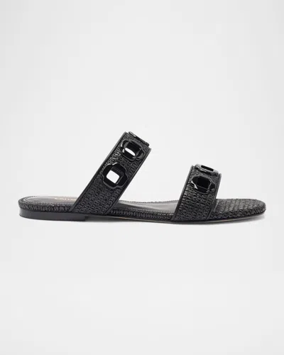 Larroude Milan Raffia Dual-band Slide Sandals In Black