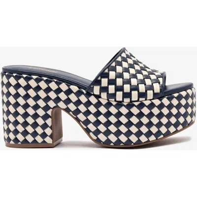Larroude Larroudé Miso Platform Sandal In Navy And Ivory Leather In Blue