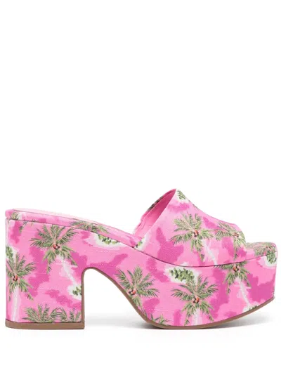 Larroude Palm-tree Print 90mm Mules In Pink