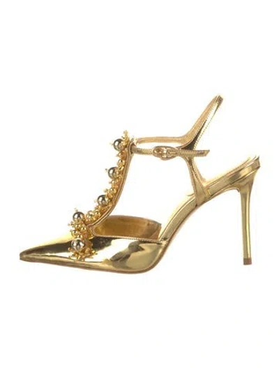 Pre-owned Larroude Patent Leather Beaded Accents T-strap Pumps In Gold