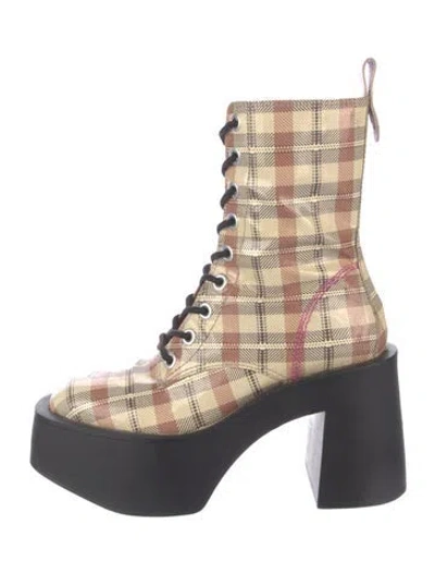 Pre-owned Larroude Patent Leather Plaid Print Lace-up Boots In Neutral