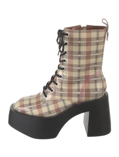 Pre-owned Larroude Patent Leather Plaid Print Lace-up Boots In Neutrals