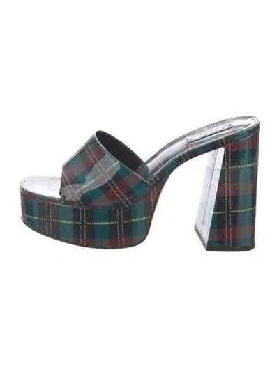Pre-owned Larroude Patent Leather Plaid Print Slides In Green