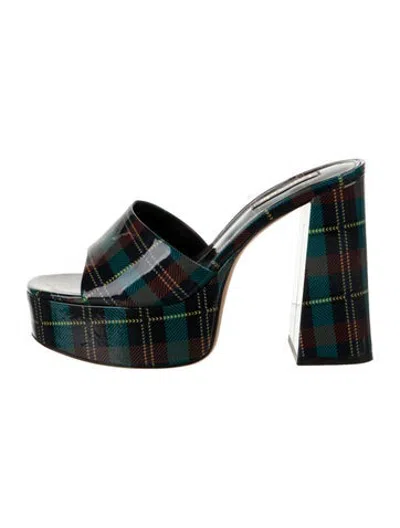 Pre-owned Larroude Patent Leather Plaid Print Slides In Green