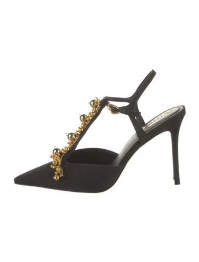 Pre-owned Larroude Patterned Beaded Accents T-strap Pumps In Black