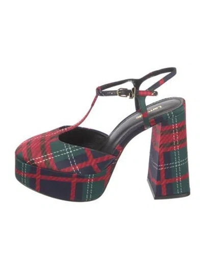 Pre-owned Larroude Plaid Print T-strap Pumps In Multicolor