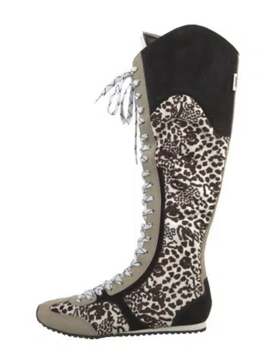 Pre-owned Larroude Ponyhair Animal Print Lace-up Boots In Brown