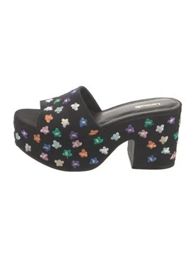 Pre-owned Larroude Printed Embroidered Accent Slides In Black