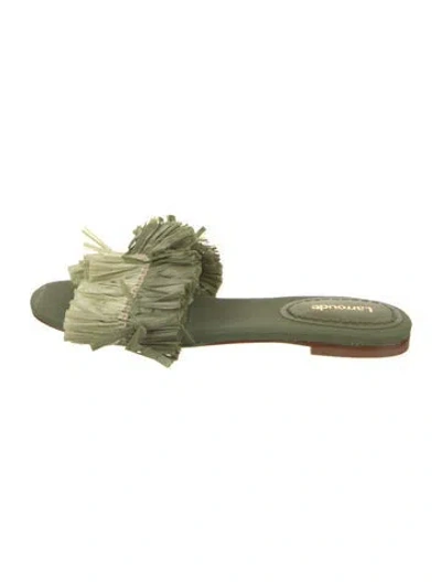 Pre-owned Larroude Raffia Fringe Trim Accent Slides In Green