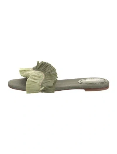 Pre-owned Larroude Raffia Fringe Trim Accent Slides In Green
