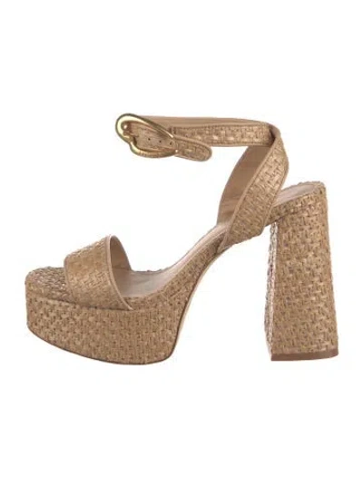 Pre-owned Larroude Raffia Leather Trim Embellishment Sandals W/ Tags In Neutral