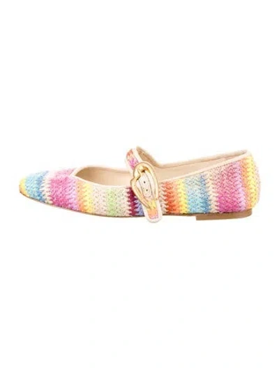 Pre-owned Larroude Raffia Striped Mary Jane Flats In Pink