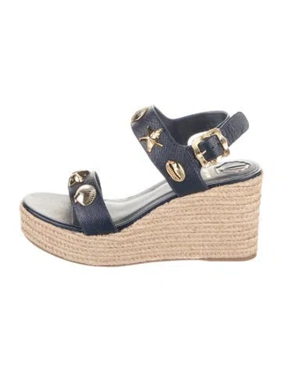 Pre-owned Larroude Saffiano Leather Printed Espadrilles In Blue