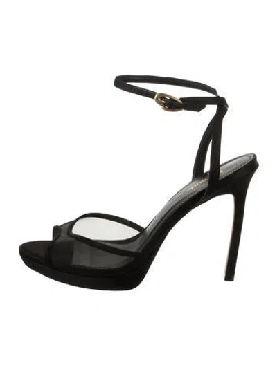 Pre-owned Larroude Satin Mesh Accents Sandals In Black