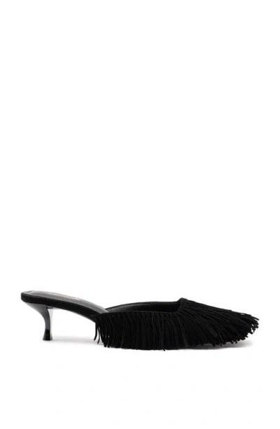 Larroude Sienna Suede Fringe Kitten Mules In Black