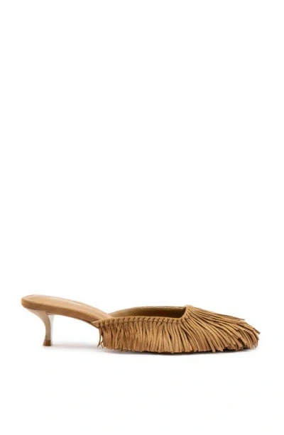 Larroude Sienna Suede Fringe Kitten Mules In Brown