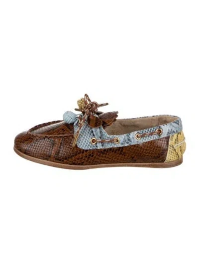 Pre-owned Larroude Snakeskin Animal Print Moccasins In Brown