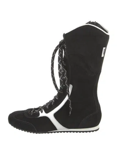 Pre-owned Larroude Suede Colorblock Pattern Lace-up Boots In Black