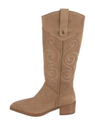 Pre-owned Larroude Suede Embroidered Accent Riding Boots In Neutral