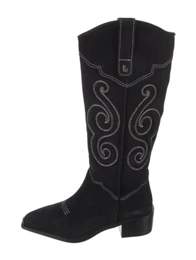 Pre-owned Larroude Suede Embroidered Accent Western Boots In Black