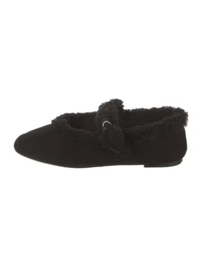 Pre-owned Larroude Suede Faux Fur Trim Mary Jane Flats In Black