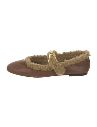 Pre-owned Larroude Suede Faux Fur Trim Mary Jane Flats In Brown