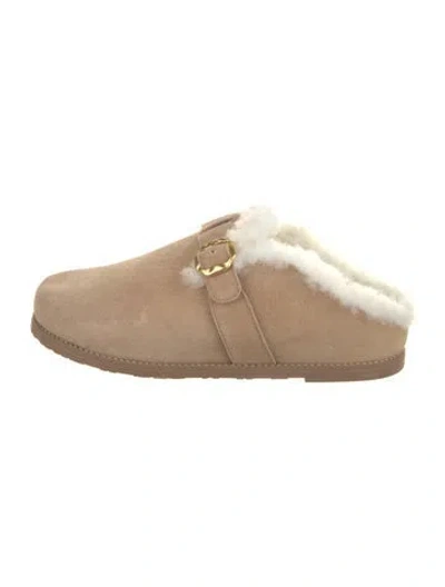 Pre-owned Larroude Suede Faux Fur Trim Mules In Neutral