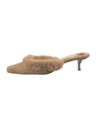 Pre-owned Larroude Suede Faux Fur Trim Mules In Neutrals