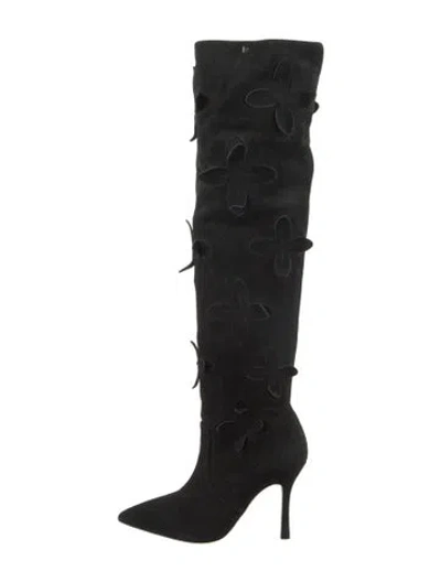 Pre-owned Larroude Suede Floral Print Boots In Black