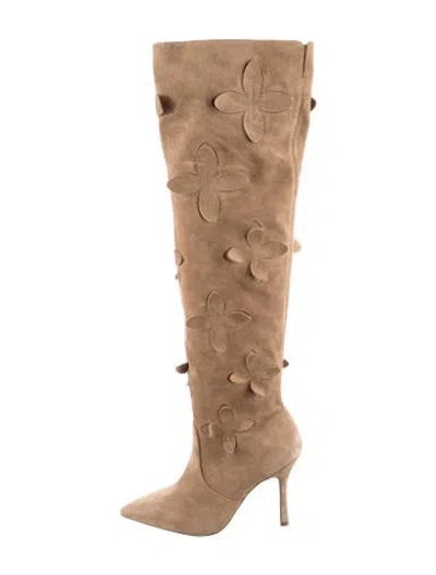 Pre-owned Larroude Suede Floral Print Boots In Neutrals