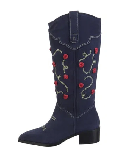 Pre-owned Larroude Suede Floral Print Western Boots In Blue
