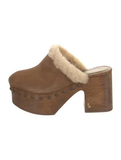 Pre-owned Larroude Suede Fur Trim Mules In Brown