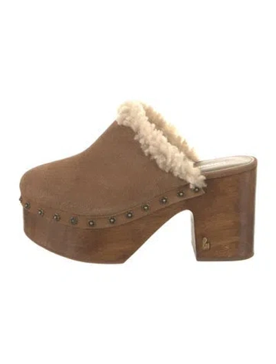 Pre-owned Larroude Suede Fur Trim Mules In Brown