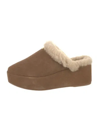 Pre-owned Larroude Suede Fur Trim Mules In Brown