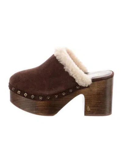 Pre-owned Larroude Suede Fur Trim Mules In Brown