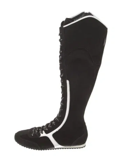 Pre-owned Larroude Suede Leather Trim Embellishment Lace-up Boots In Black