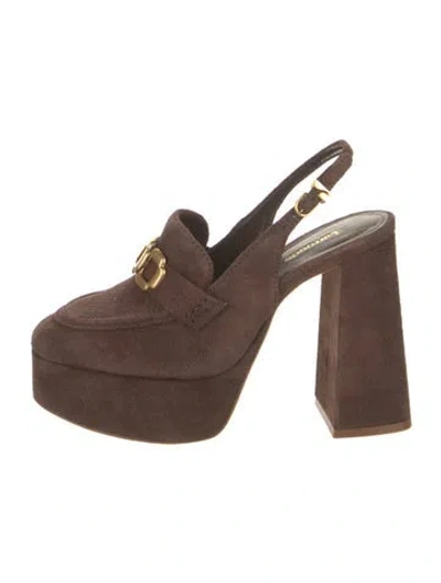 Pre-owned Larroude Suede Leather Trim Embellishment Slingback Pumps In Brown