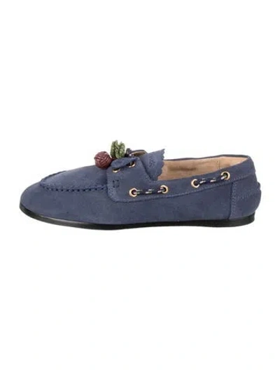 Pre-owned Larroude Suede Pom-pom Embellishments Loafers In Blue