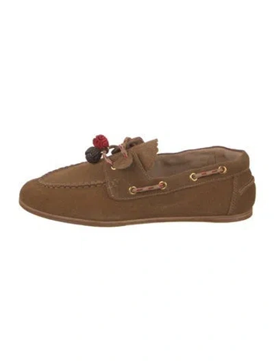 Pre-owned Larroude Suede Pom-pom Embellishments Moccasins In Brown