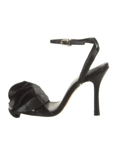 Pre-owned Larroude Suede Ruffle Embellishment Sandals In Black