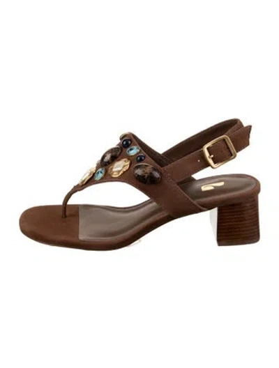 Pre-owned Larroude Suede Studded Accents T-strap Sandals In Brown