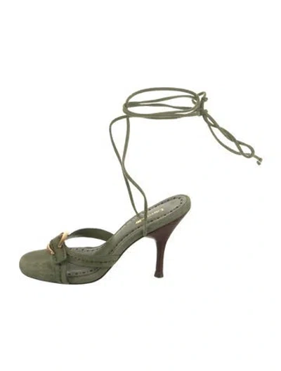 Pre-owned Larroude Suede Whipstitch Trim Gladiator Sandals In Green