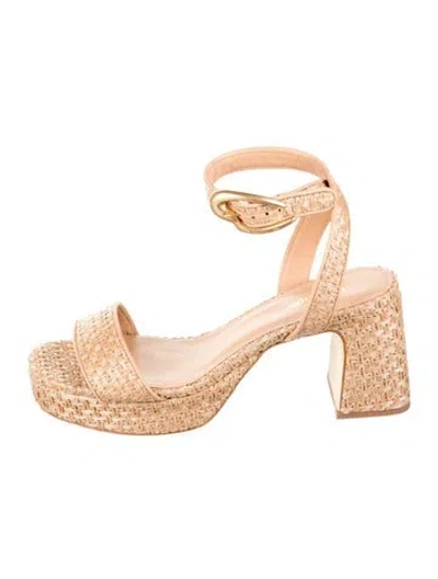 Pre-owned Larroude Tweed Leather Trim Embellishment Sandals In Neutrals
