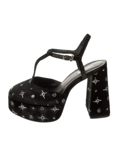 Pre-owned Larroude Velvet Graphic Print T-strap Pumps In Black
