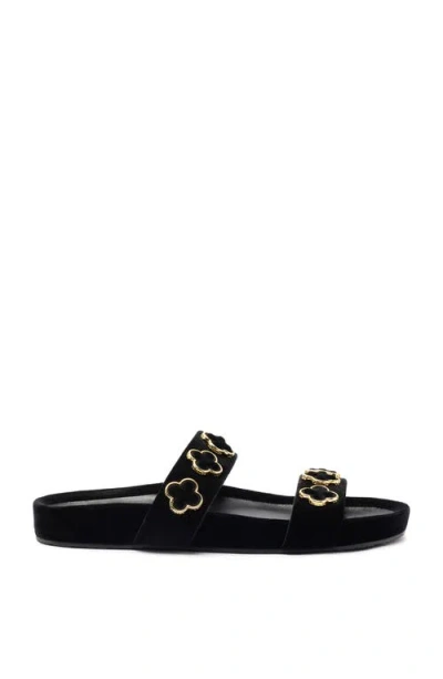 Larroude Milan Velvet Floral Slide Sandals In Black