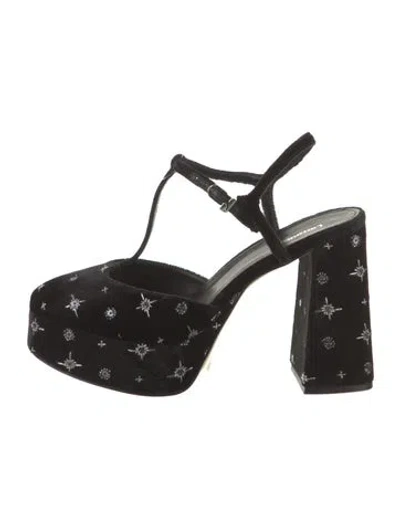 Pre-owned Larroude Velvet Printed T-strap Pumps In Black