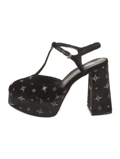 Pre-owned Larroude Velvet Printed T-strap Pumps In Black