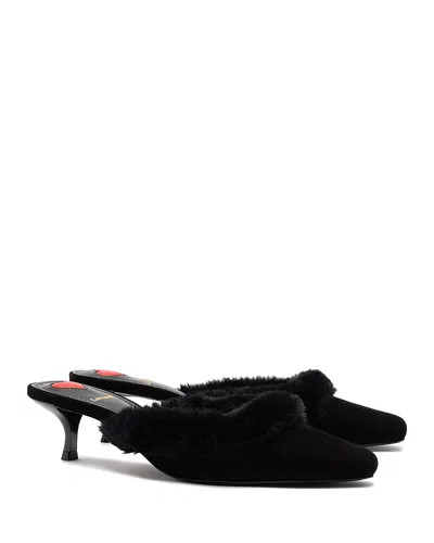 Larroude Women's Amal Faux Fur Trim Tan Slide Pumps In Black